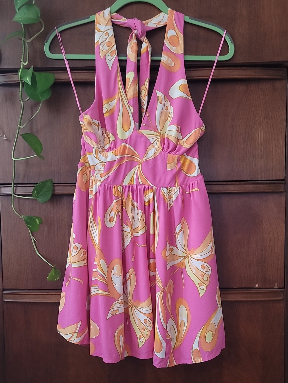 Urban Outfitters Feminine Pink and Orange Butterfly Halter Mini Dress w/ Pockets